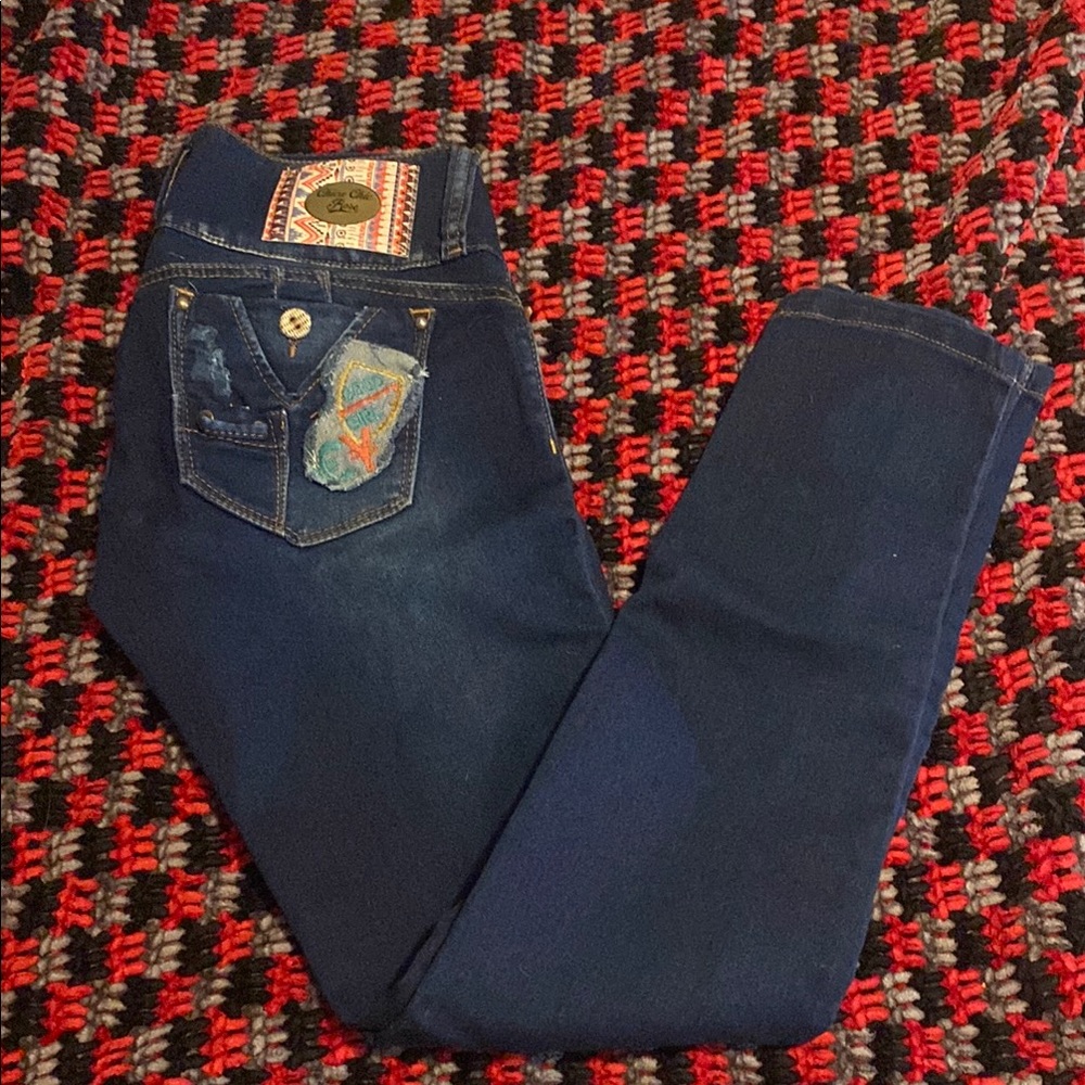 Blue Skinny Jeans with Patches & Classic Indigo Wash
